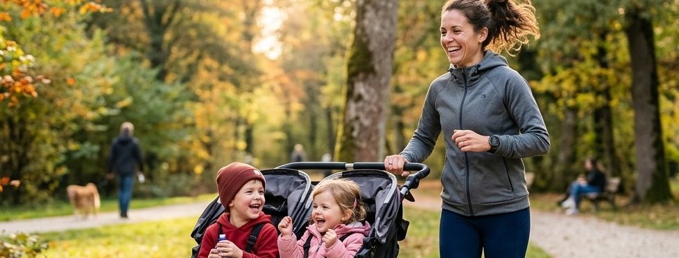 a parent jogging in a park with their child on a bike, sunny day.