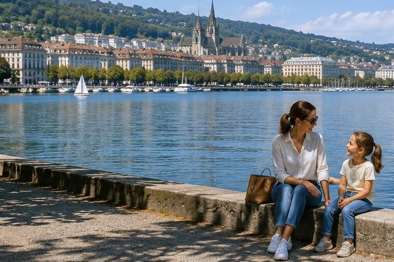 Maman célibataire avec son enfant au bord du lac à Neuchâtel
