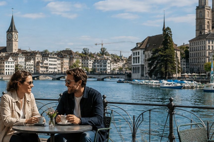 Couple de parents célibataires faisant connaissance à Zurich en Suisse