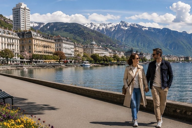 Couple de parents célibataires en promenade au bord du lac à Montreux