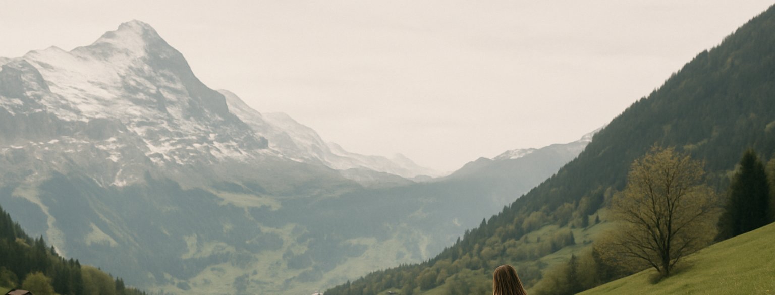 Un paysage suisse avec un parent et son enfant se promenant.