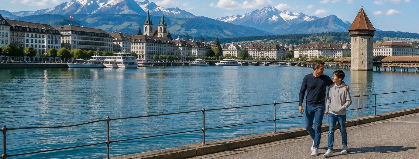 Single-Vater mit seinem Sohn am Vierwaldstättersee in Luzern