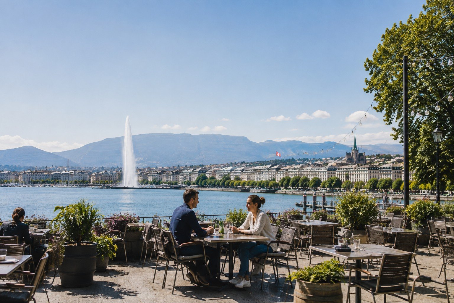 Single parents meeting at a lakeside café in Geneva
