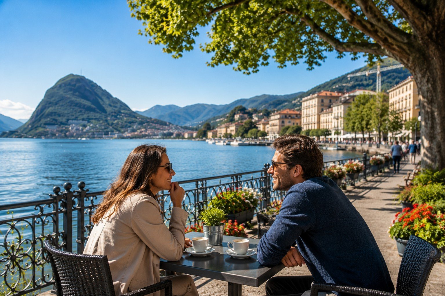 Couple overlooking Lugano and Lake Lugano in Ticino