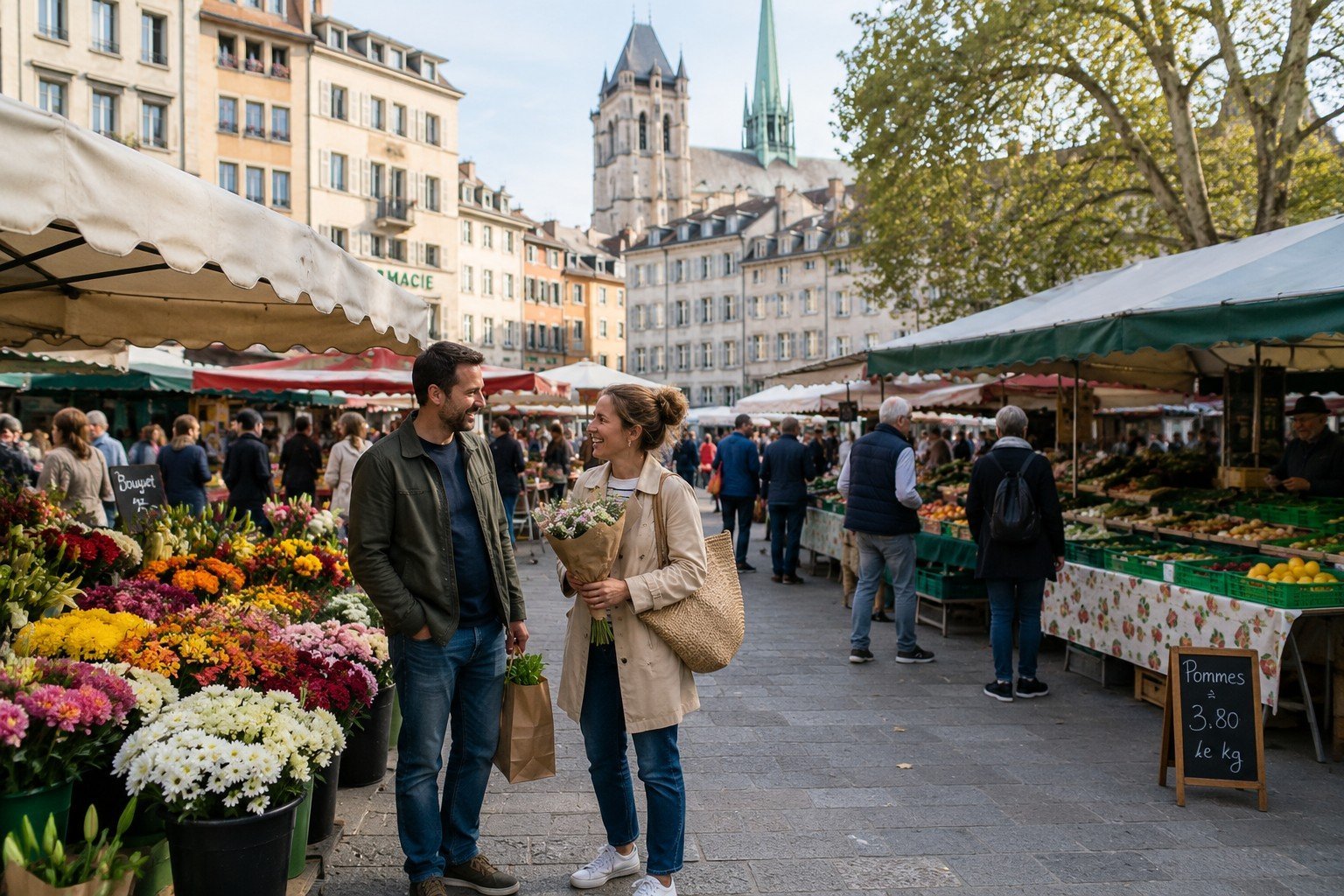 Single parents meeting at a local market in Geneva