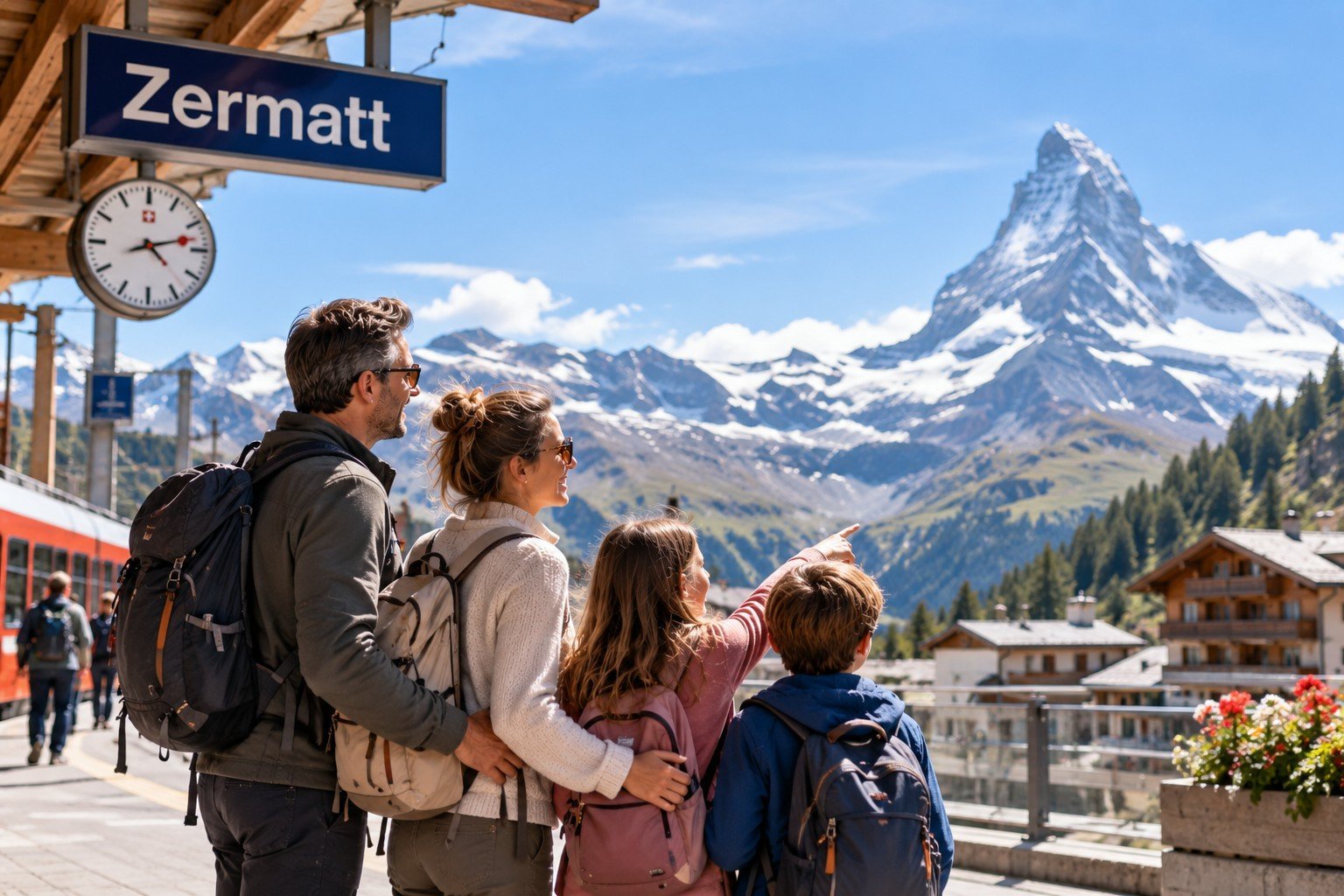 SingleEltern mit ihren Kindern in Zermatt mit Blick auf das Matterhorn in den Schweizer Alpen