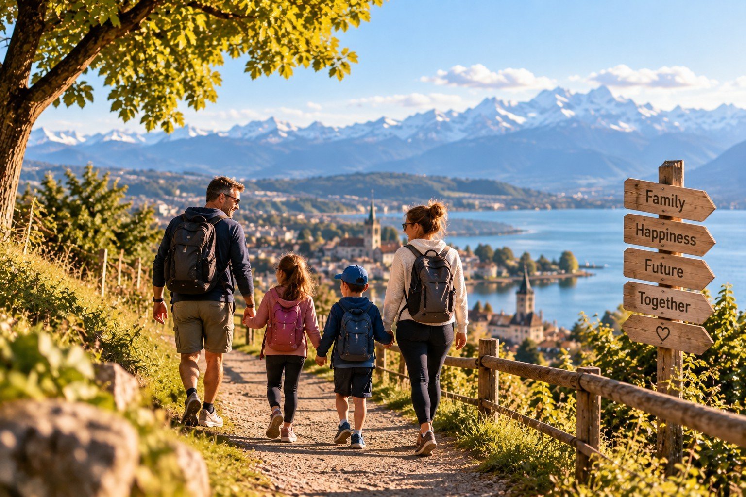Blended family with children walking together in Switzerland and building a new family life step by step