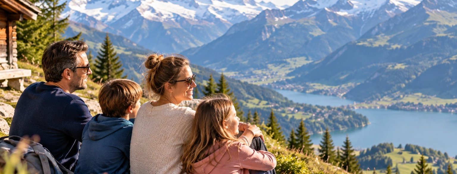 SingleEltern mit ihren Kindern beim Panoramablick auf Interlaken und die Schweizer Alpen