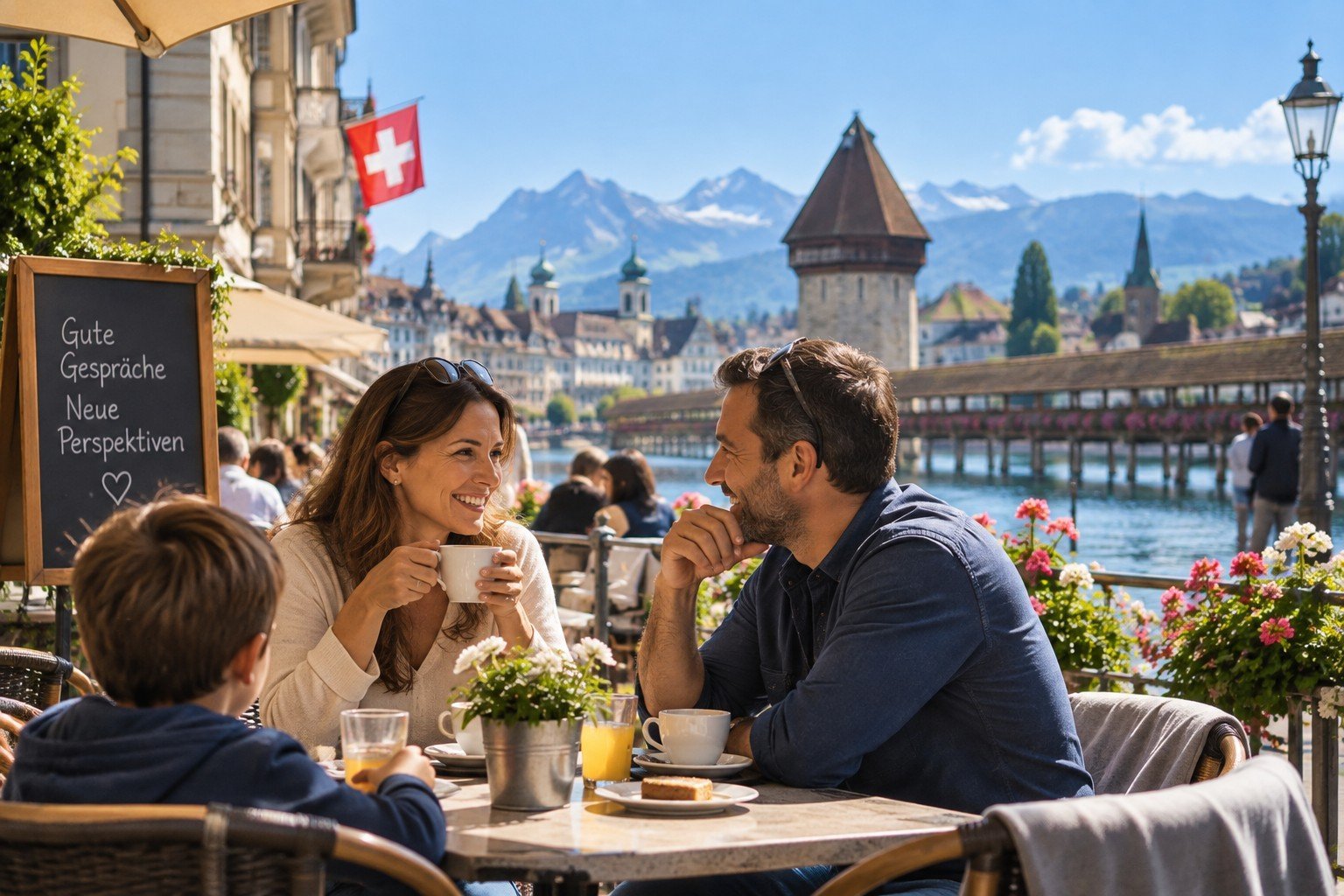 Single parents getting to know each other at a café in Lucerne near Chapel Bridge in Switzerland