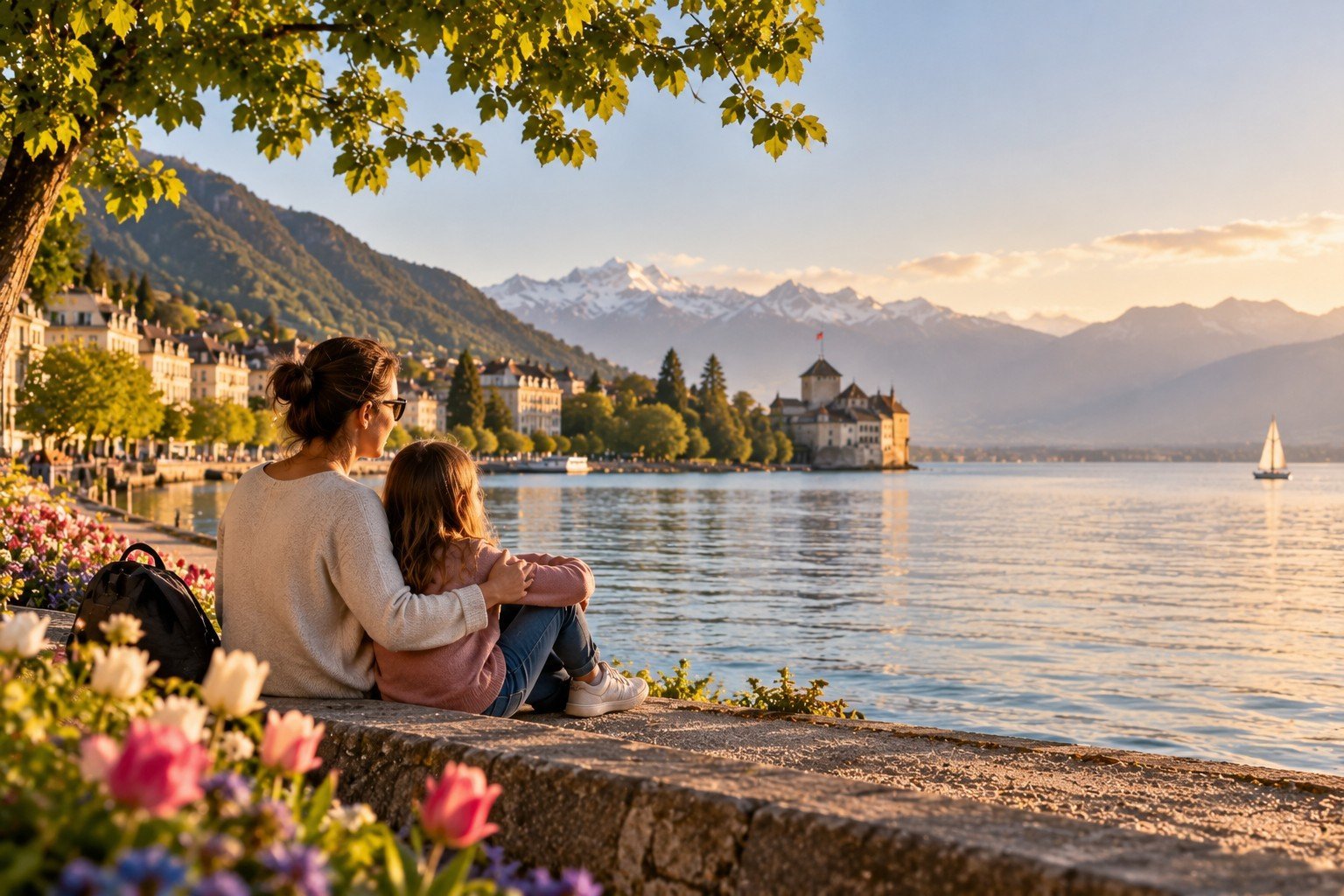 Maman célibataire avec sa fille au bord du lac Léman près du château de Chillon, partageant un moment en famille