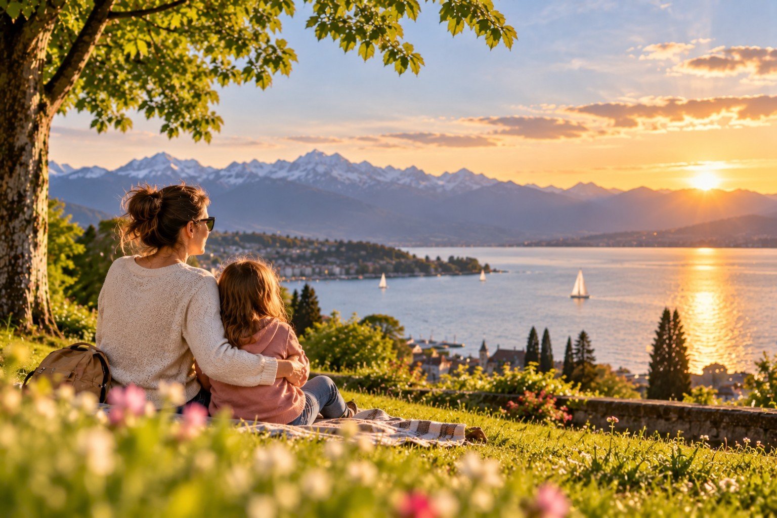 Single mother with her child overlooking a Swiss lake, moving towards a new chapter in her life