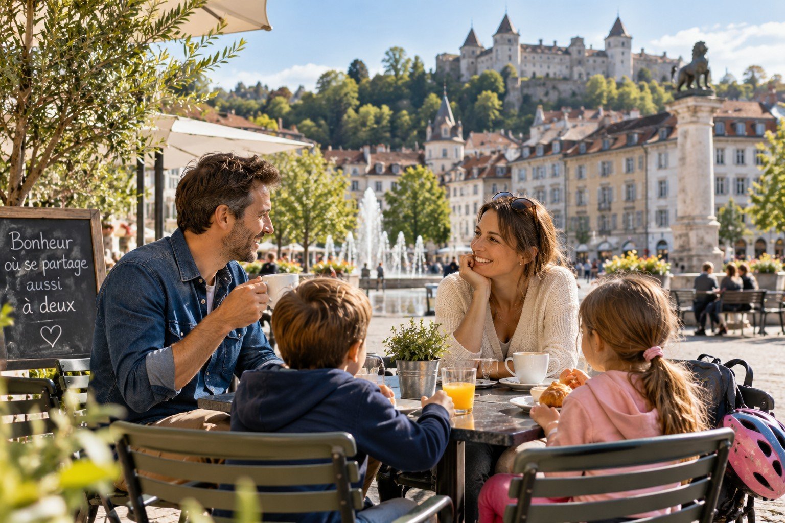 Single parents with their children getting to know each other at a café in Switzerland