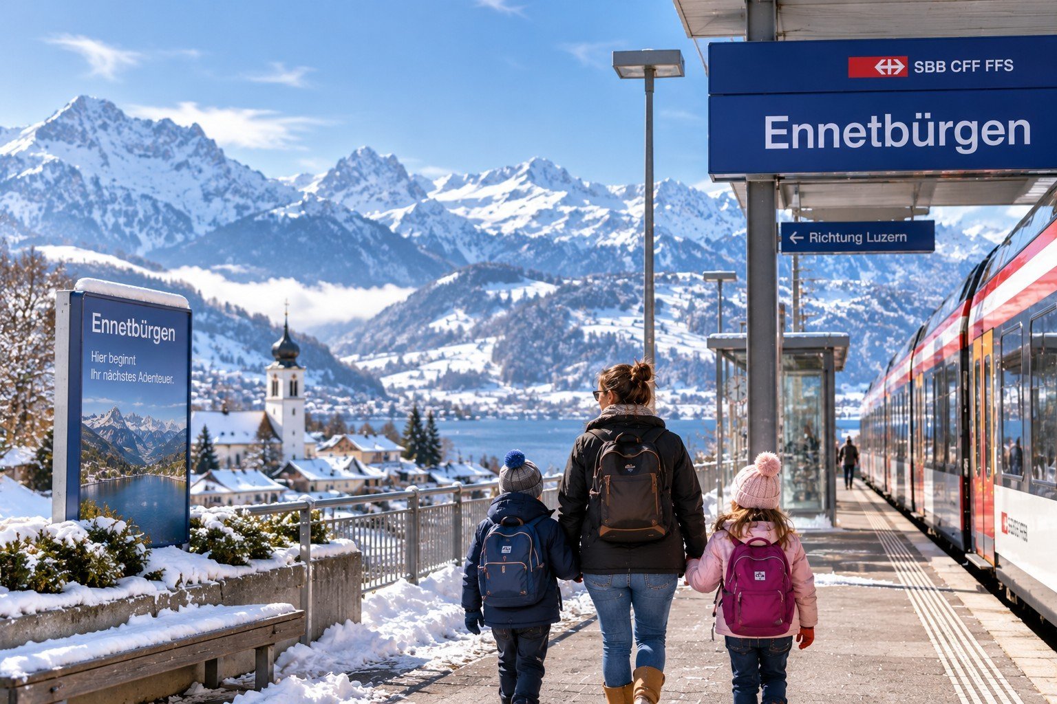 Single-Mutter mit ihren Kindern an einem verschneiten Schweizer Bahnhof auf dem Weg zu einem neuen Abenteuer in den Alpen