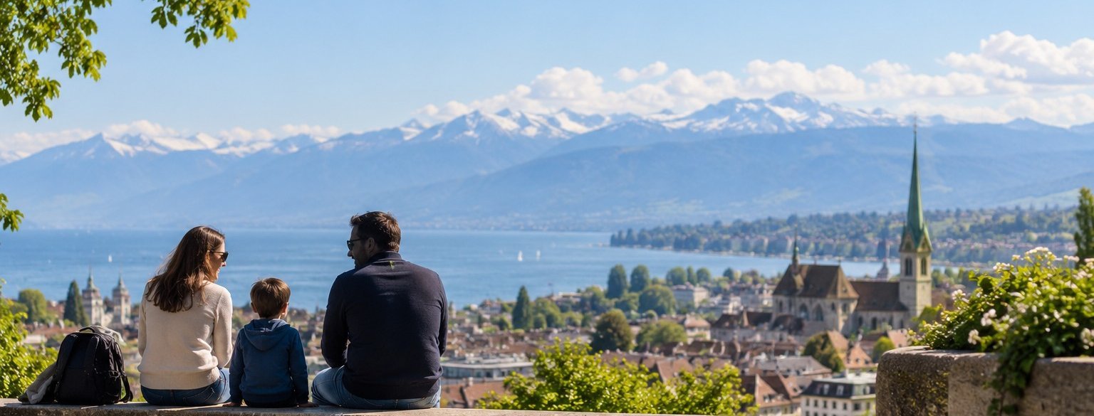 Single parents with a child overlooking a Swiss lake and the Alps while getting to know each other
