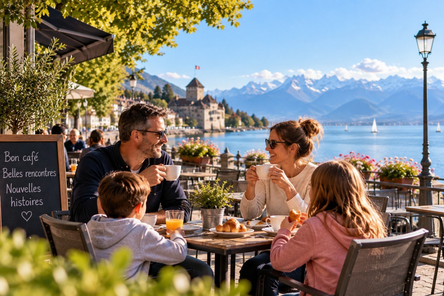 Blended family with children spending time together at a lakeside café in Switzerland