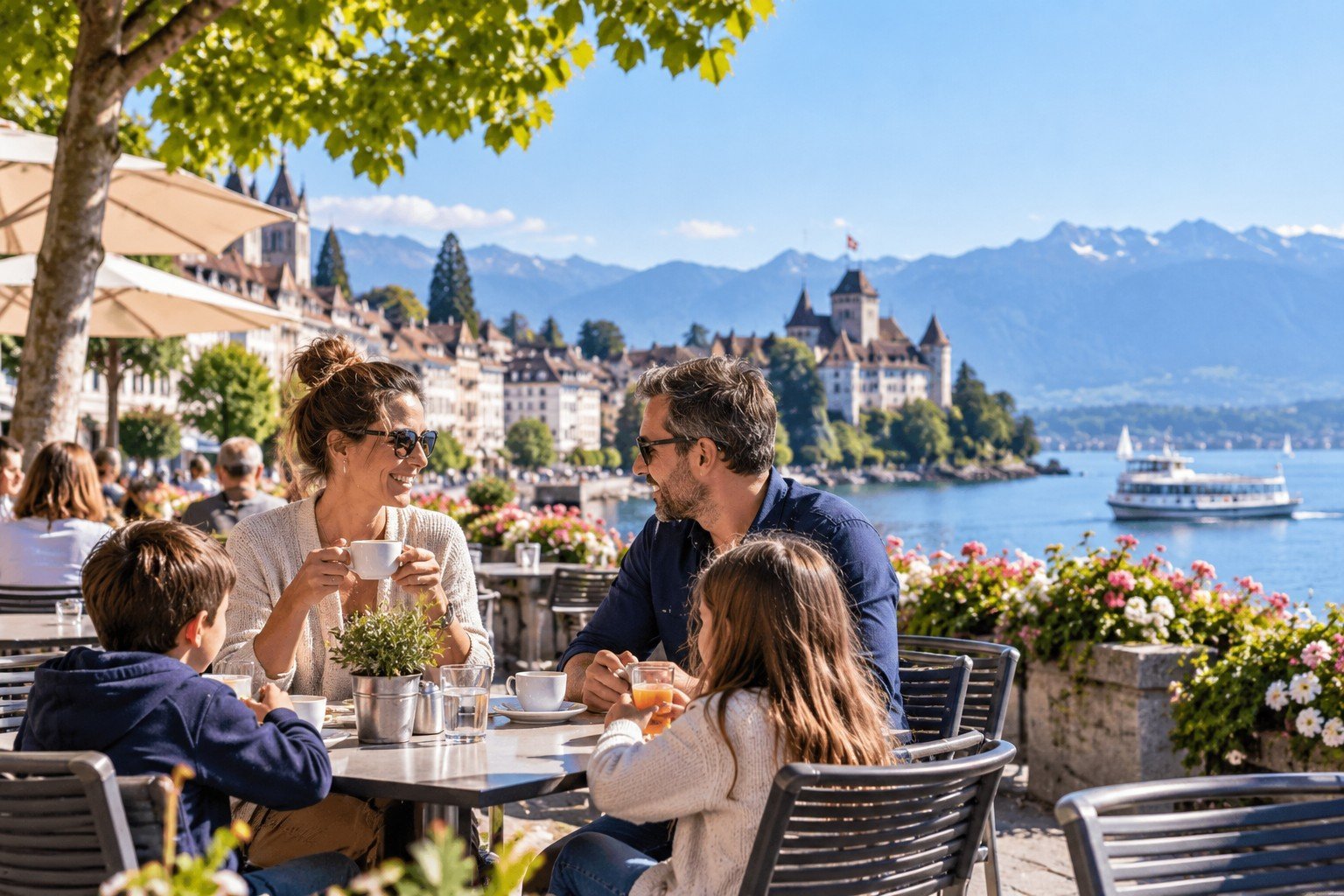 SingleEltern mit Kindern beim Kennenlernen in einem Café am See in der Schweiz