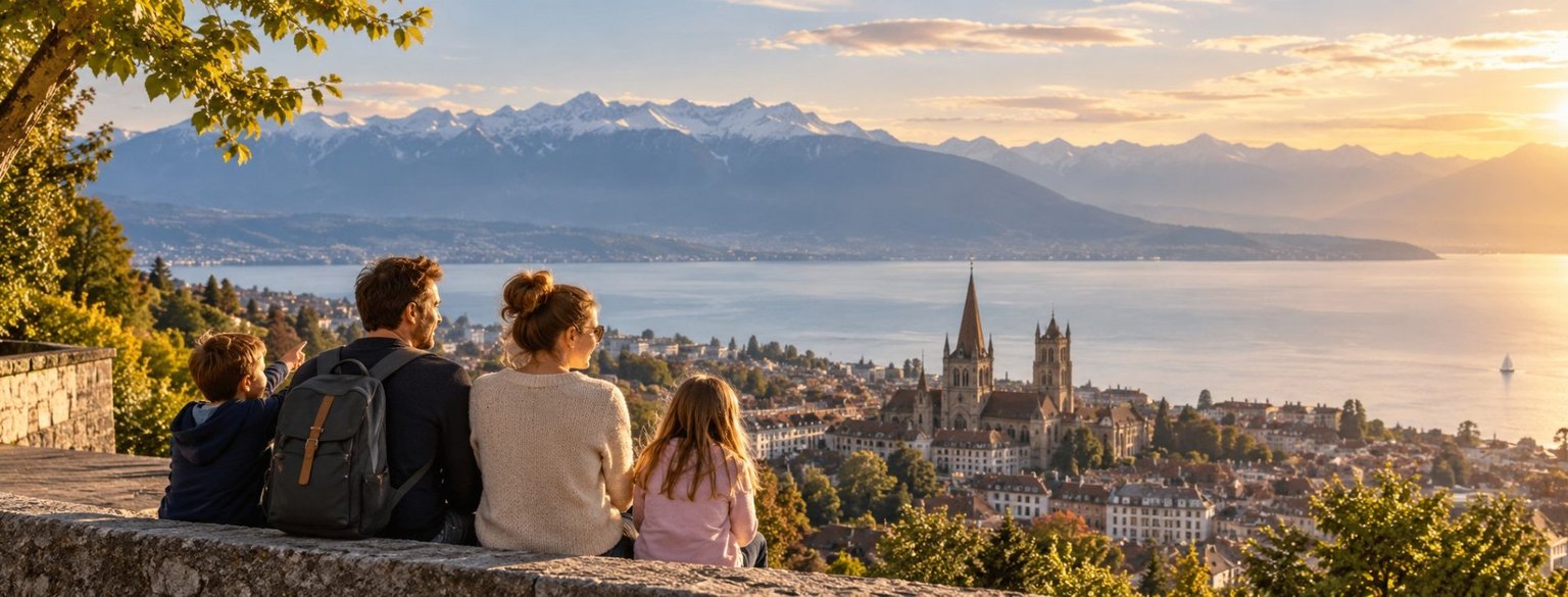 Blended family with children enjoying a panoramic view in Switzerland