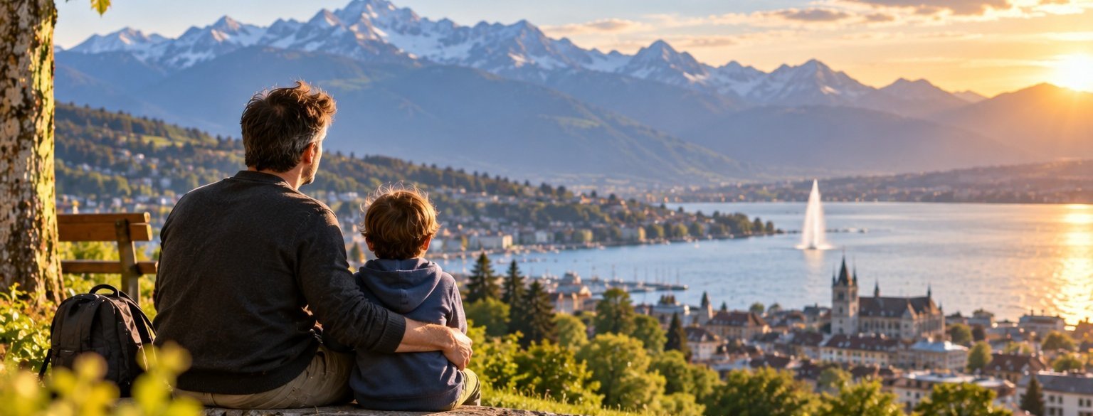 Single dad with his child enjoying a Swiss landscape, ready to begin a new chapter in his love life