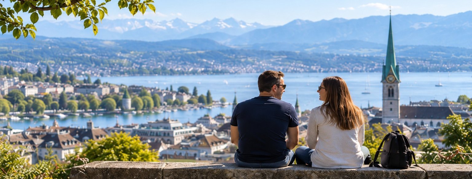 Paar beim Kennenlernen nach einer Trennung mit Blick auf den Zürichsee