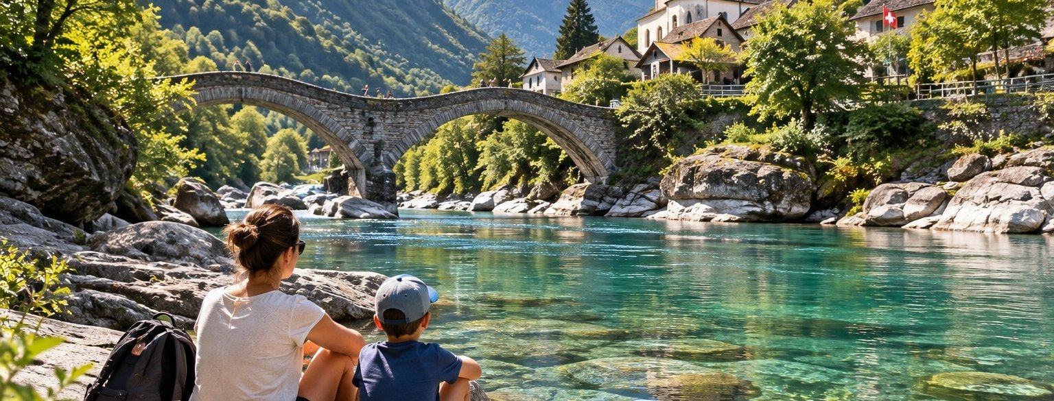 Maman célibataire avec son enfant au bord de la rivière Verzasca dans le Tessin, face au célèbre pont de Lavertezzo