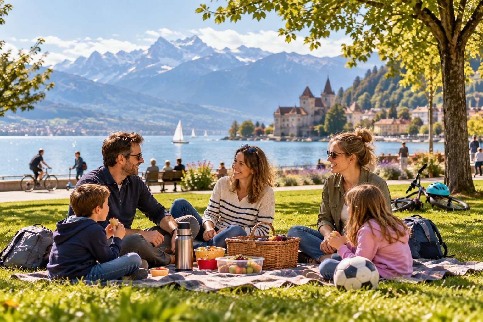 Blended family with children enjoying a picnic in Switzerland