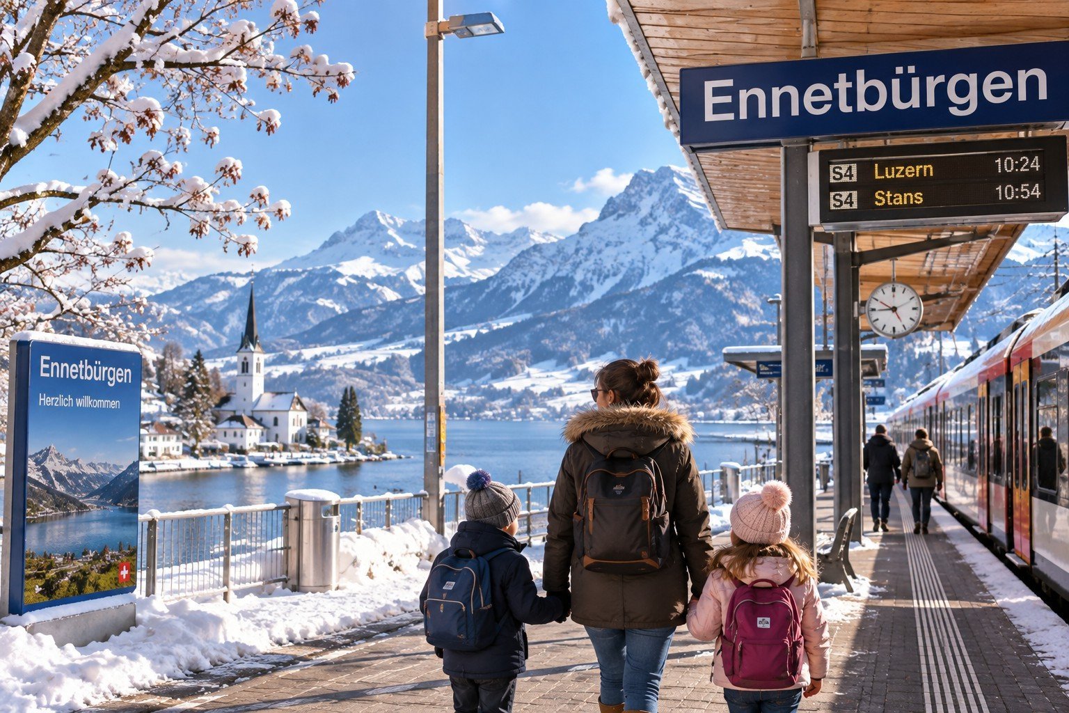 Single-Mutter mit ihren Kindern an einem verschneiten Schweizer Bahnhof inmitten der winterlichen Berglandschaft