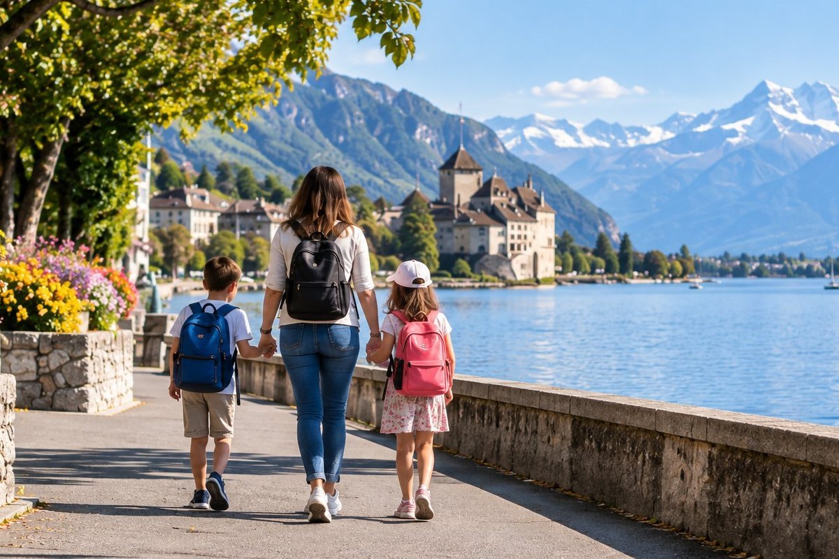 Single-Mutter mit ihren Kindern bei einem Spaziergang am See in Montreux nach einer Trennung
