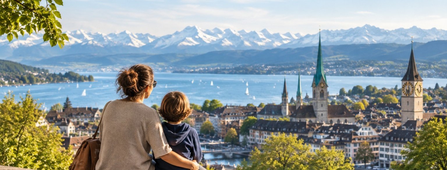 Single-Mutter mit ihrem Kind beim Blick auf Zürich und den See, offen für eine ernsthafte Beziehung