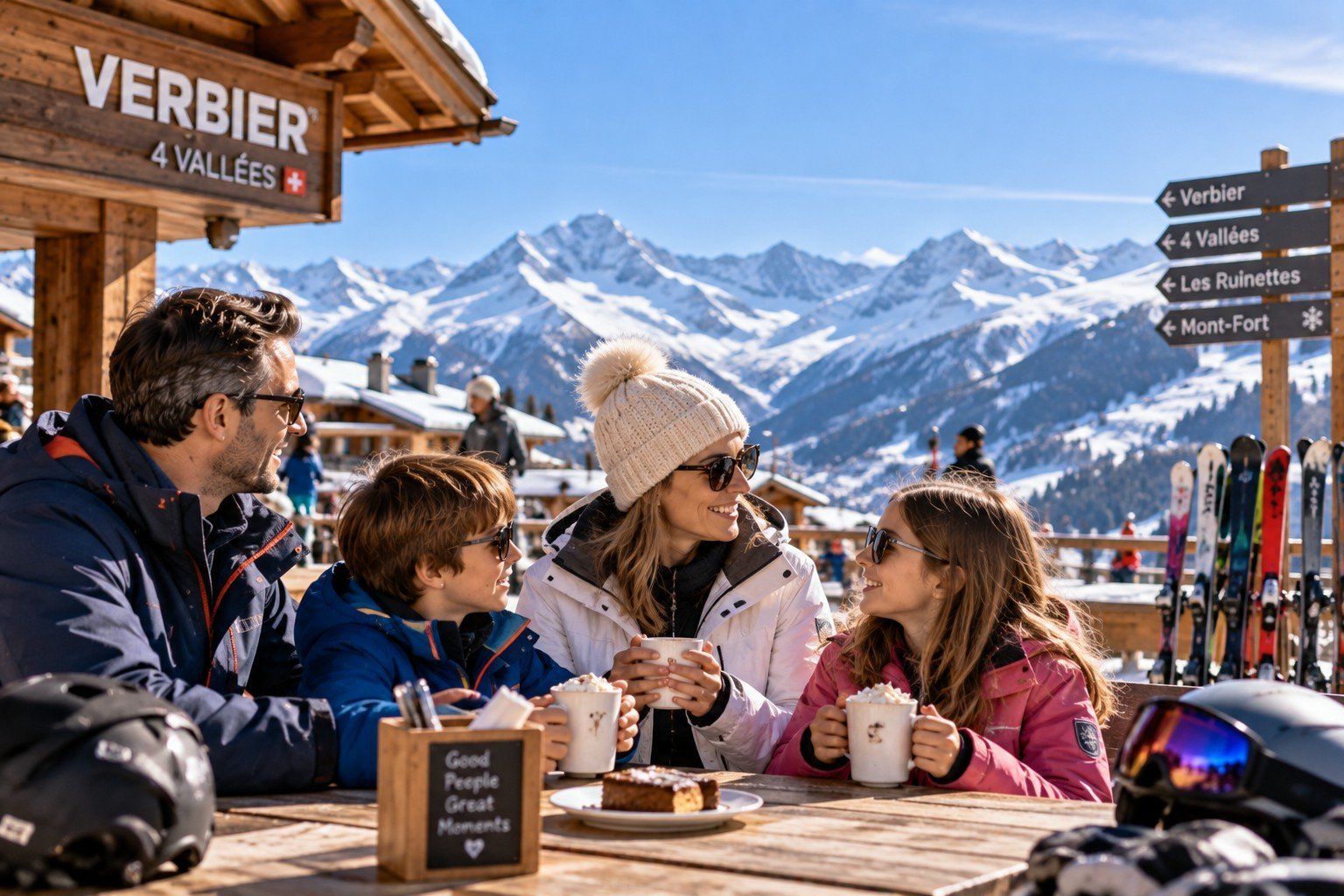 SingleEltern mit ihren Kindern bei einem gemeinsamen Moment in Verbier in den Schweizer Alpen