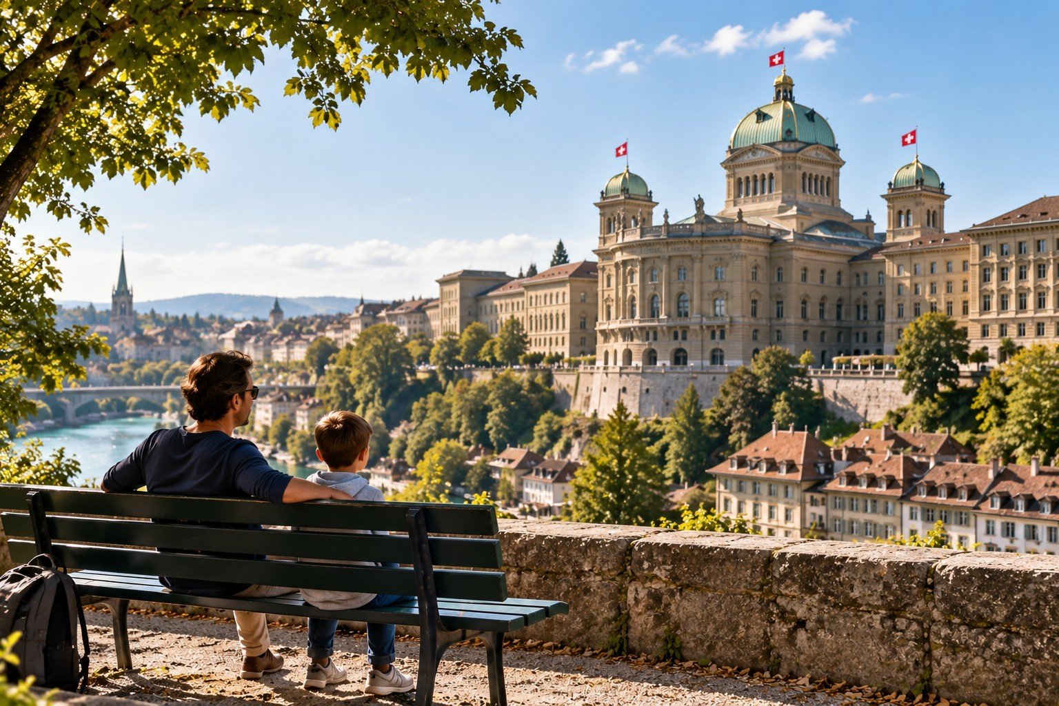 Papa célibataire avec son enfant admirant le Palais fédéral et la vieille ville de Berne en Suisse
