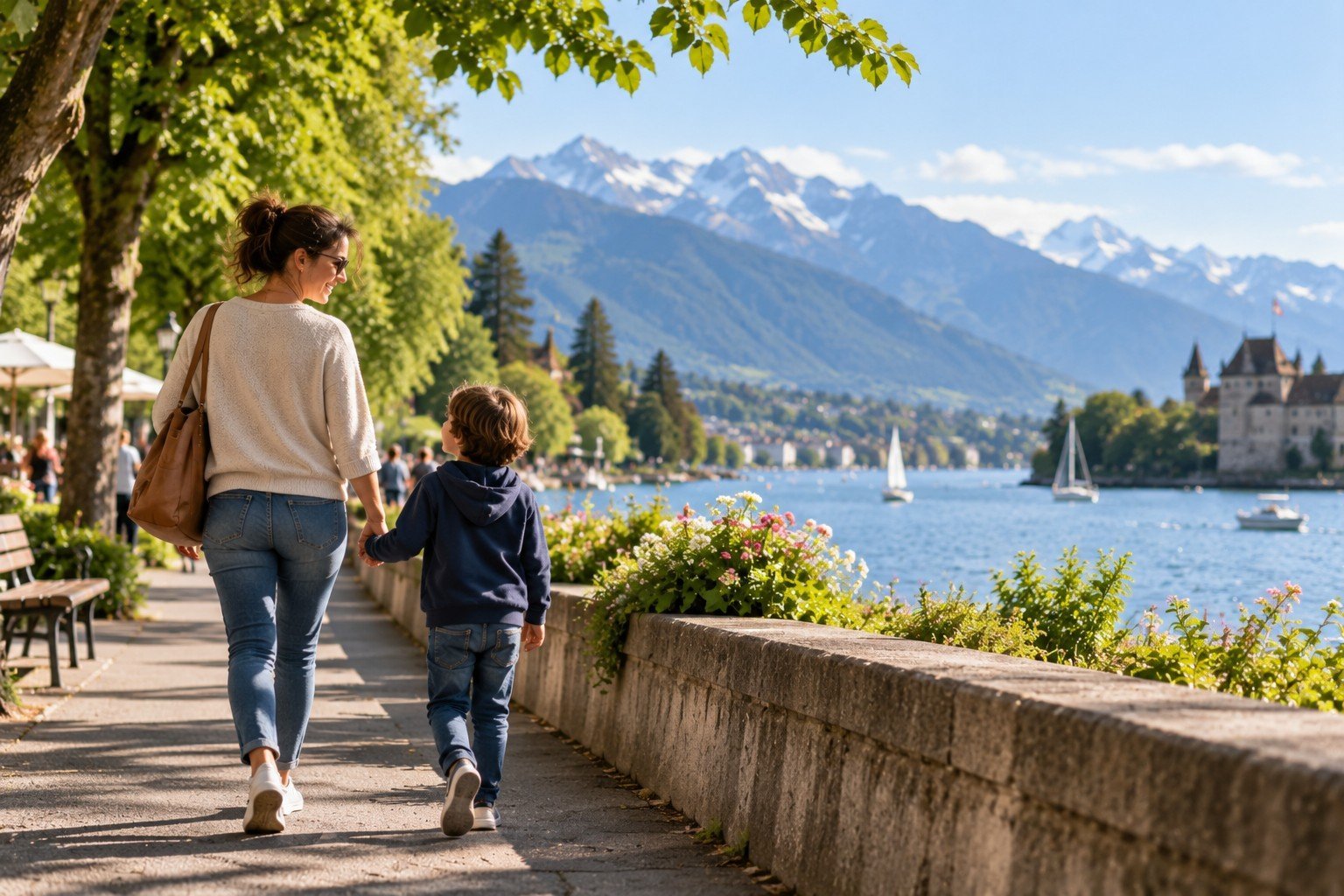 Single-Mutter mit ihrem Kind bei einem Spaziergang in der Schweiz, auf der Suche nach einer ernsthaften Beziehung