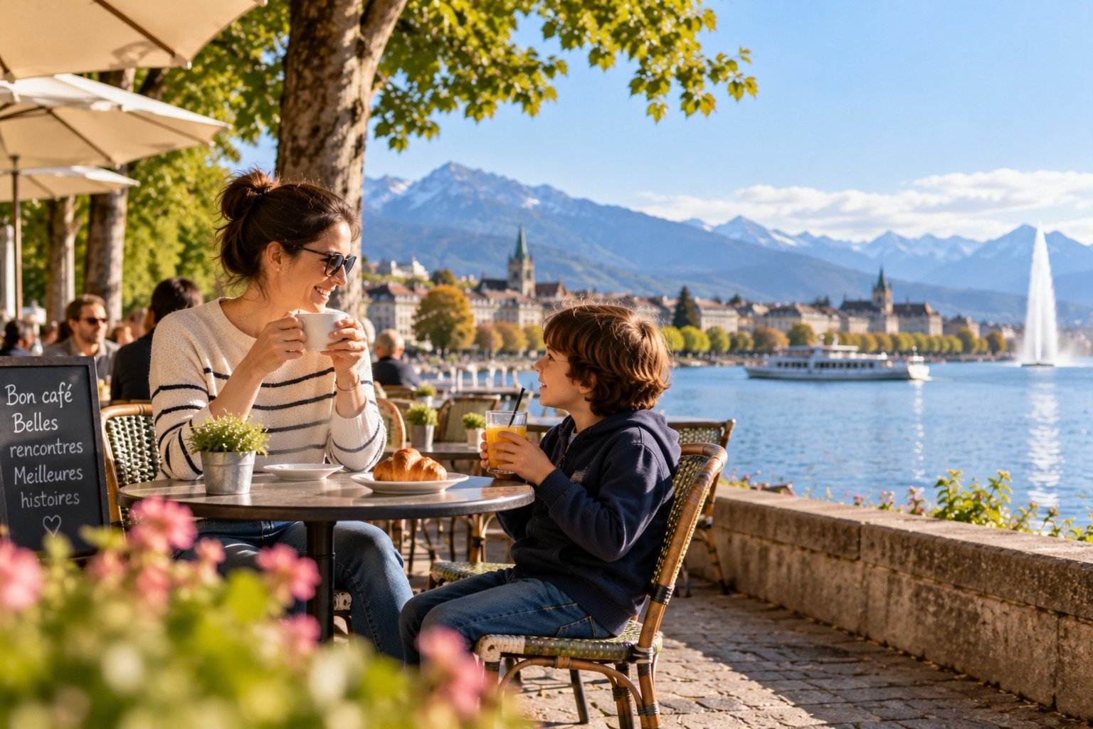 Single mother with her child at a café in Switzerland, ready to make room for love again