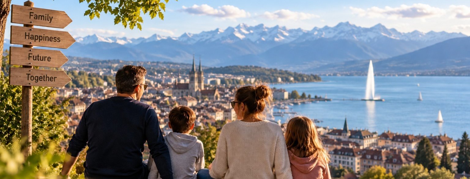 Blended family with children enjoying a Swiss landscape and building a new story together