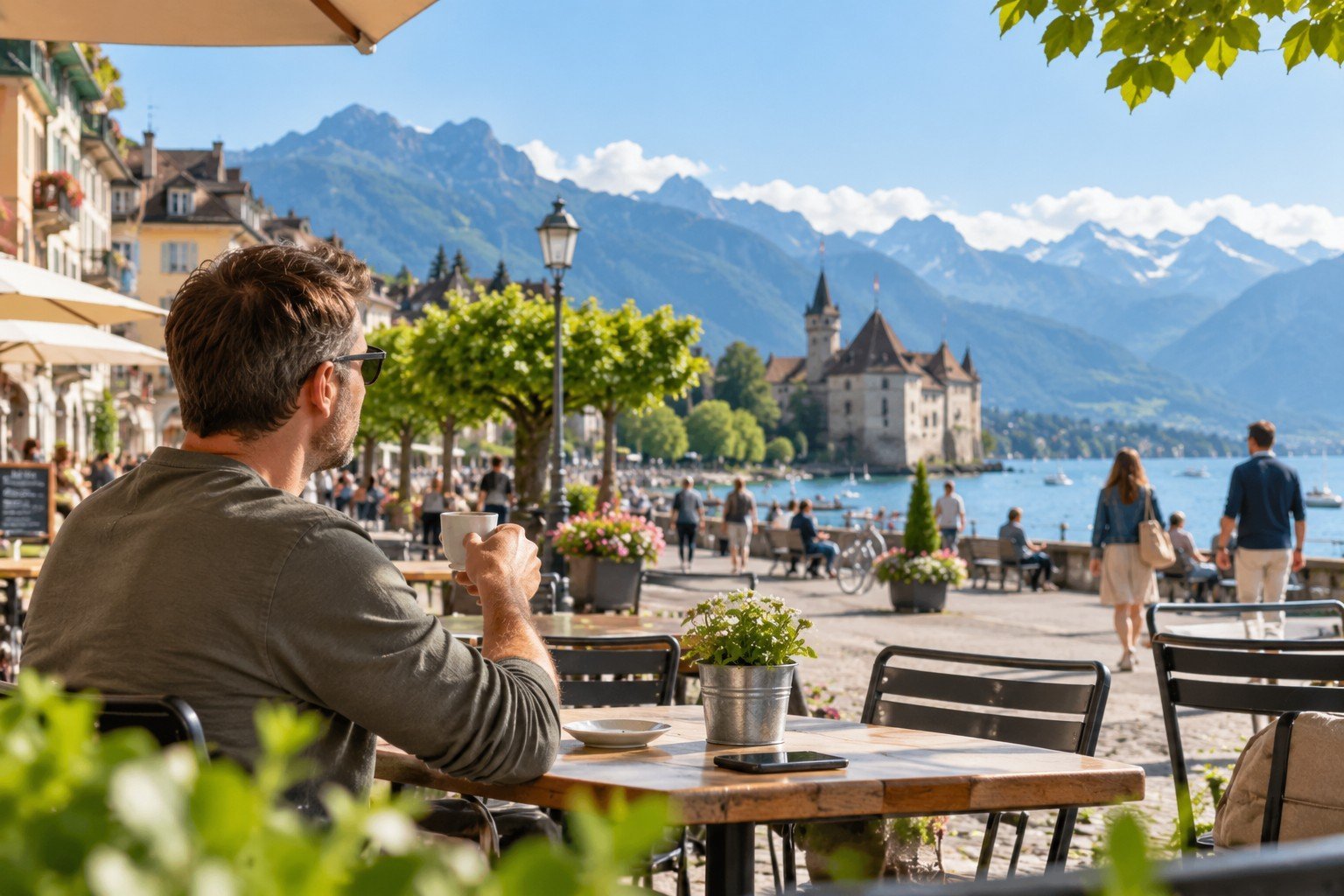 Single-Vater bei einem Kaffee am See in der Schweiz, offen für eine ernsthafte Beziehung