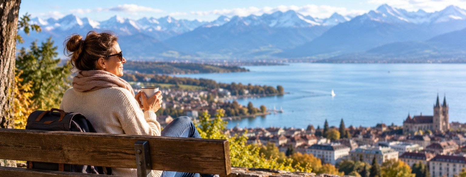 Single-Frau über 40 mit Blick auf einen Schweizer See, offen für eine neue Begegnung