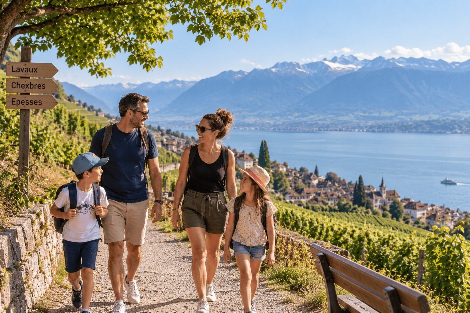 SingleEltern mit ihren Kindern bei einem Spaziergang durch die Weinberge des Lavaux in der Schweiz