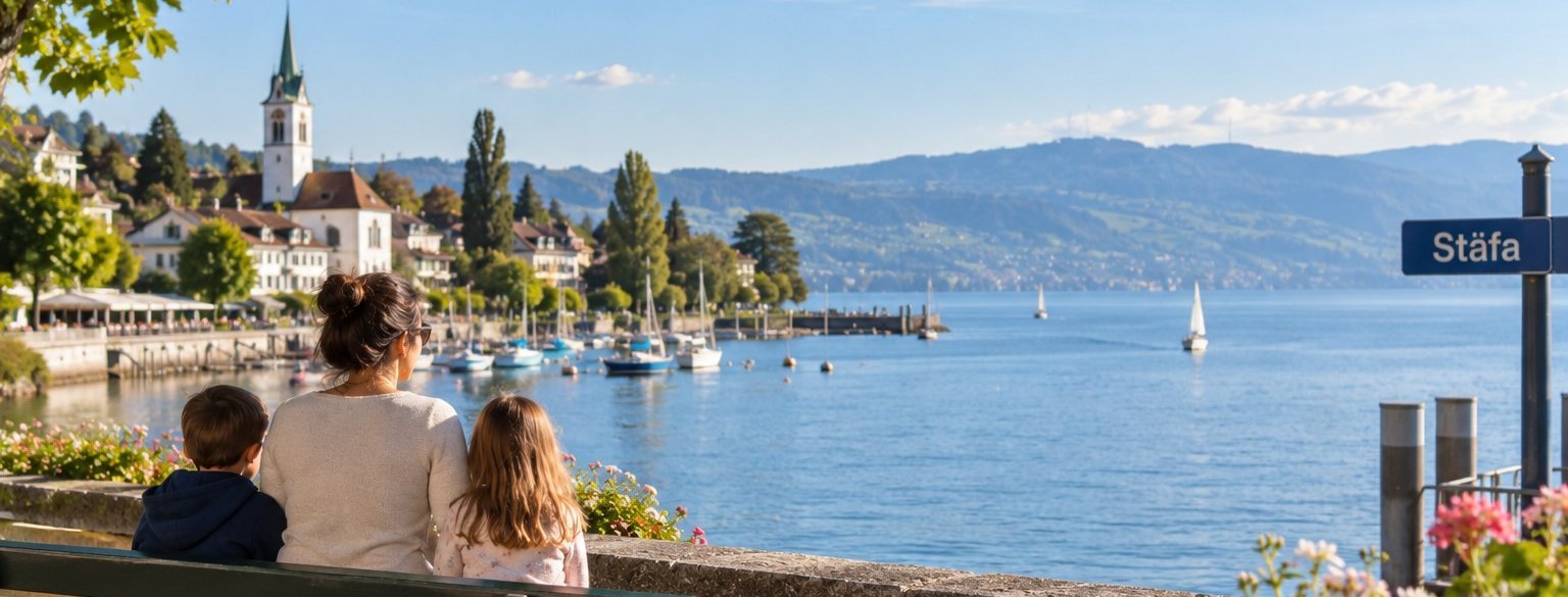 Single-Mutter mit ihren Kindern am Zürichsee in Stäfa, bei einem gemeinsamen Familienmoment
