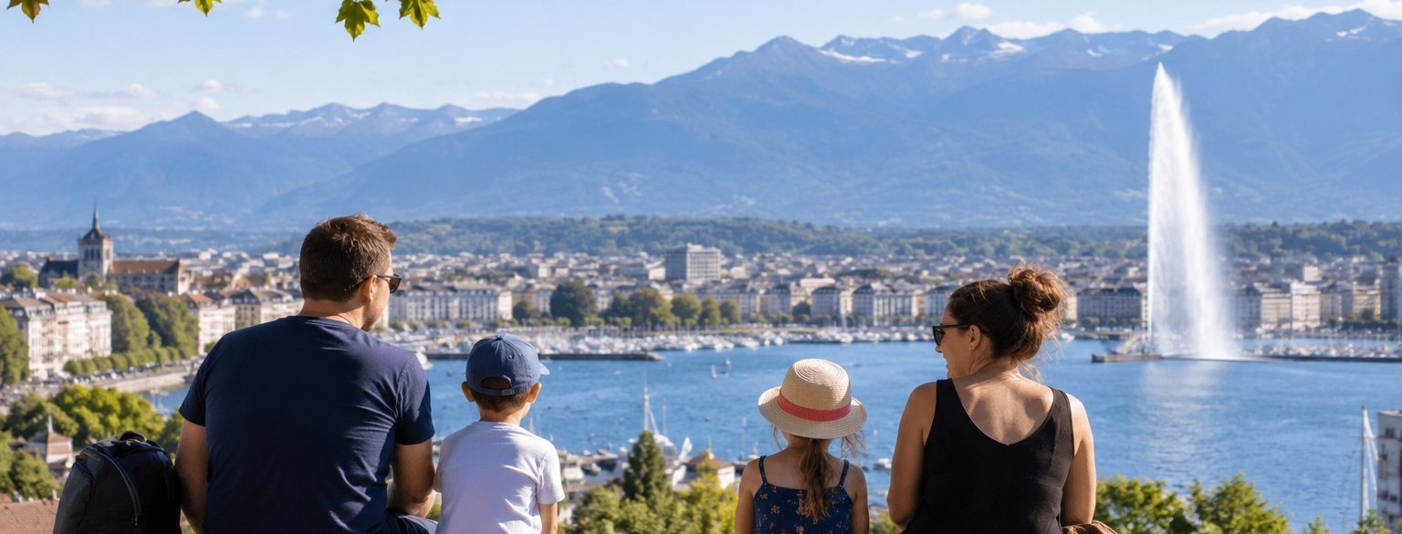 SingleEltern mit ihren Kindern beim Blick auf Genf und den Genfersee in der Schweiz