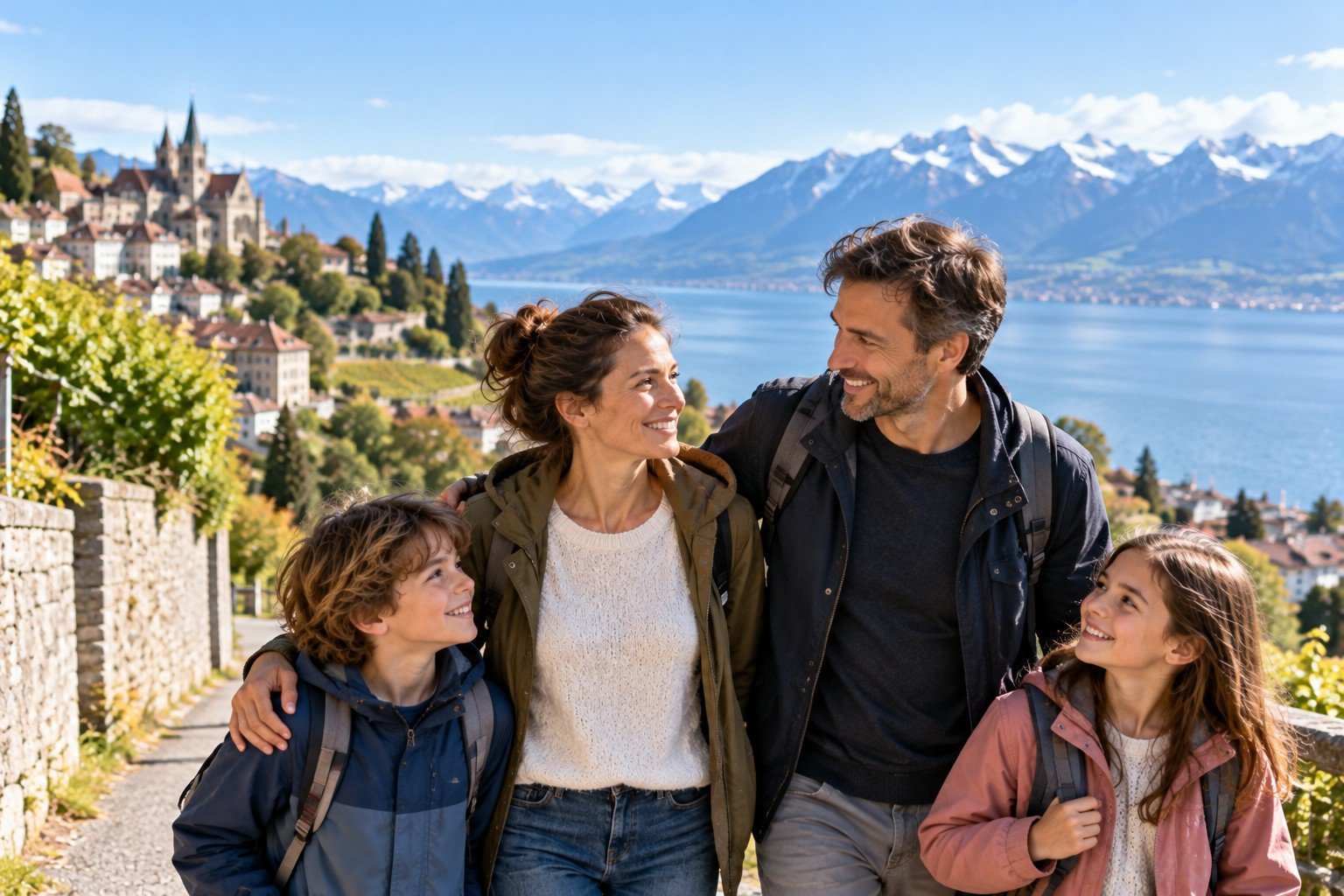 SingleEltern mit Kindern und neuem Partner bei einem gemeinsamen Moment in der Schweiz