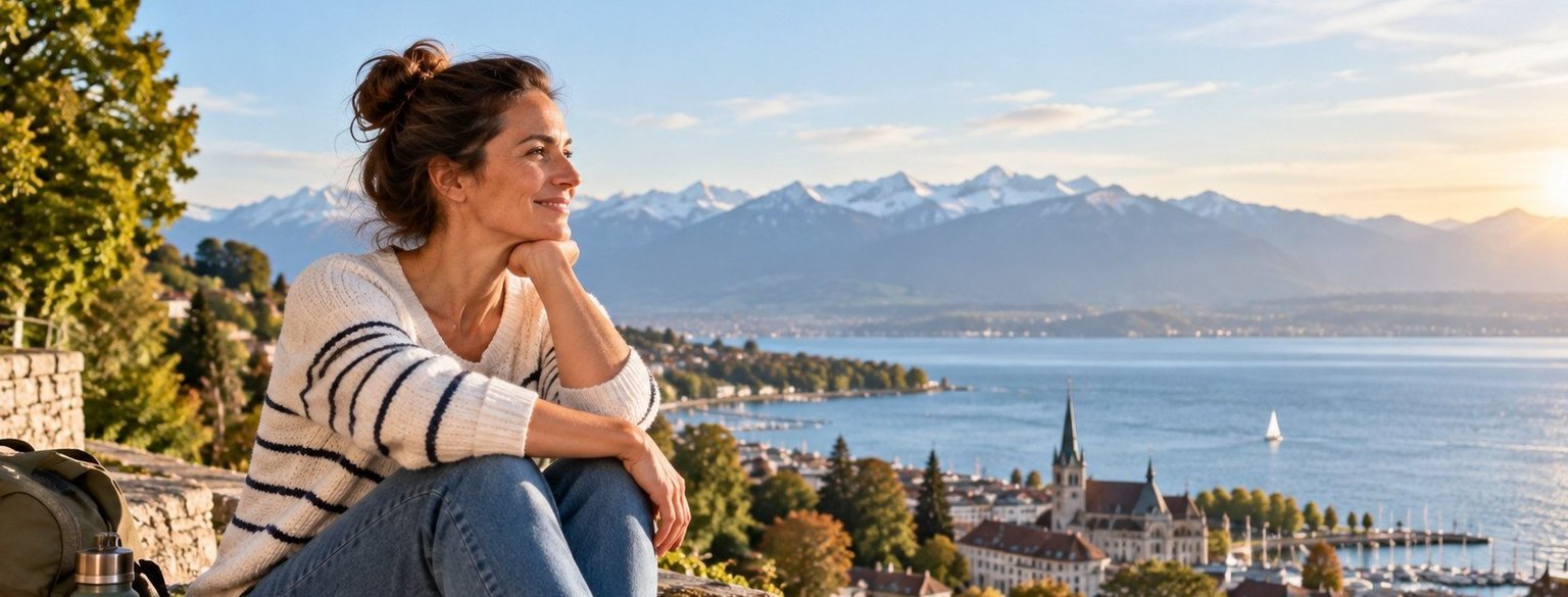 Single-Mutter mit Blick auf einen Schweizer See und die Alpen