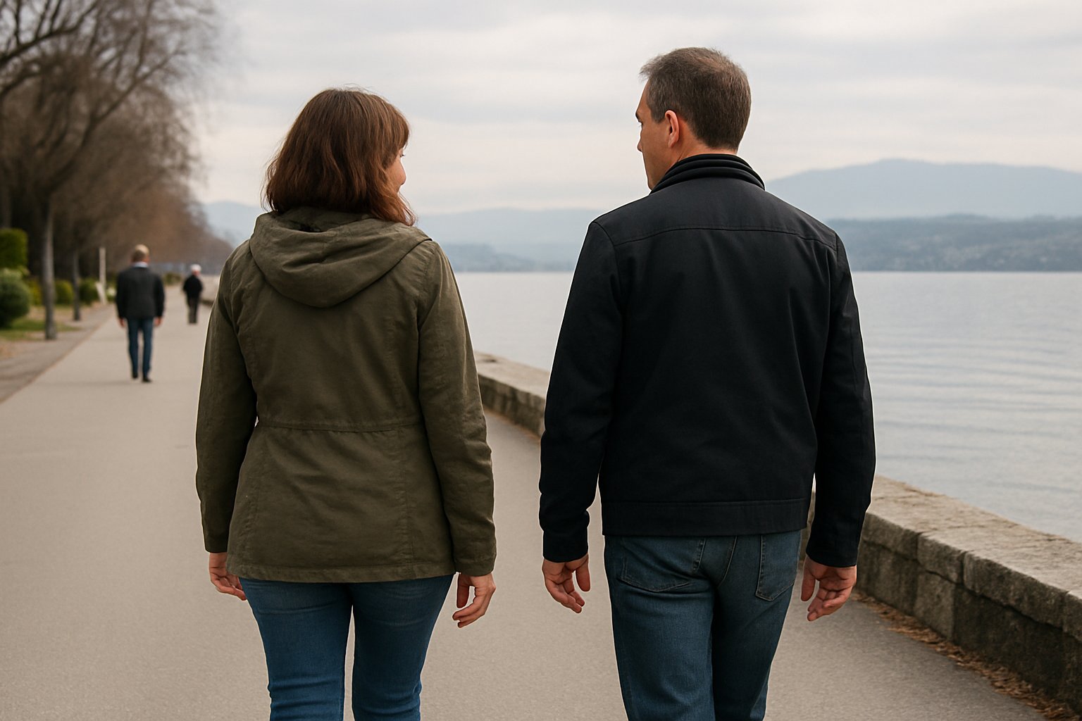 Two adults walk by the lake in Genève, with a few other walkers in the background.