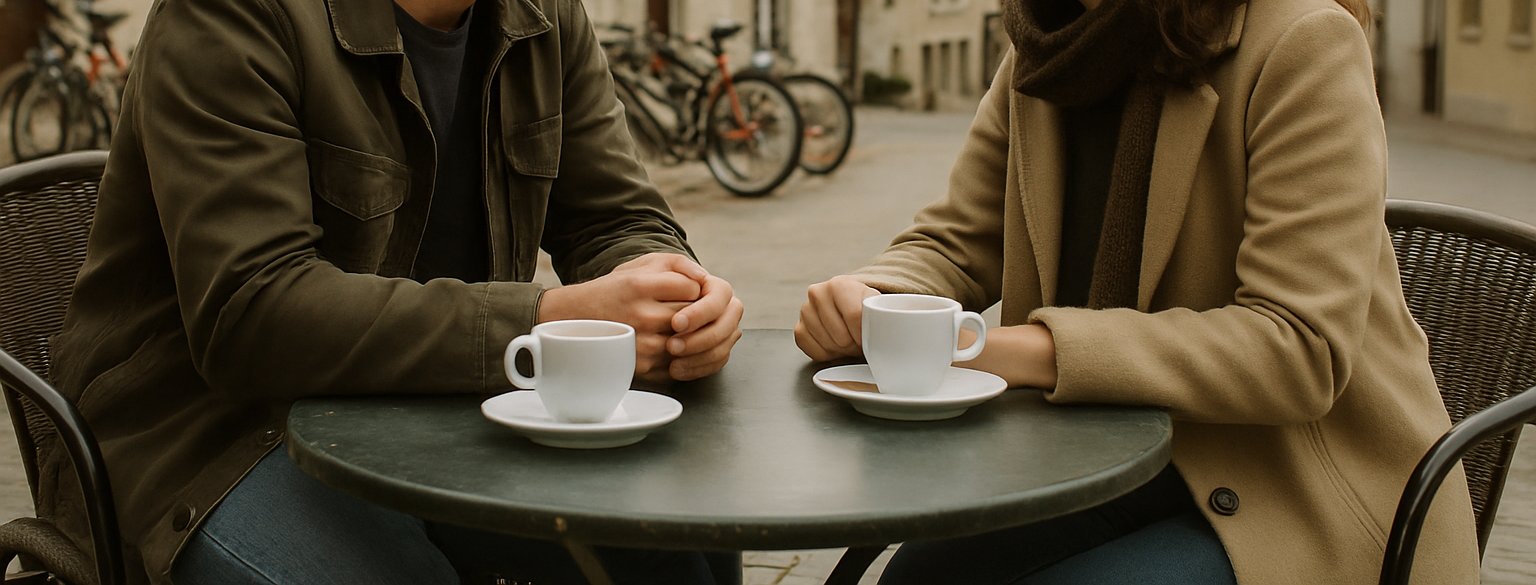 Two adults chat over coffee on a terrace on a street lined with buildings and bicycles.
