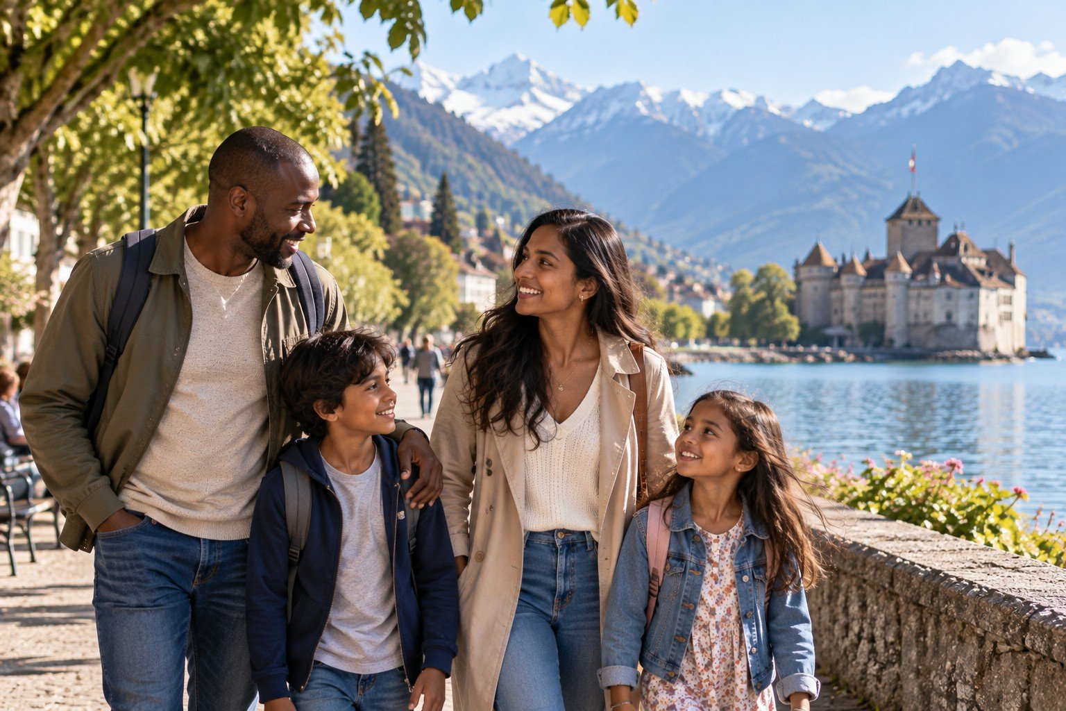 A couple and two children walking beside Lake Geneva near Chillon Castle in Montreux, with the Alps in the background.
