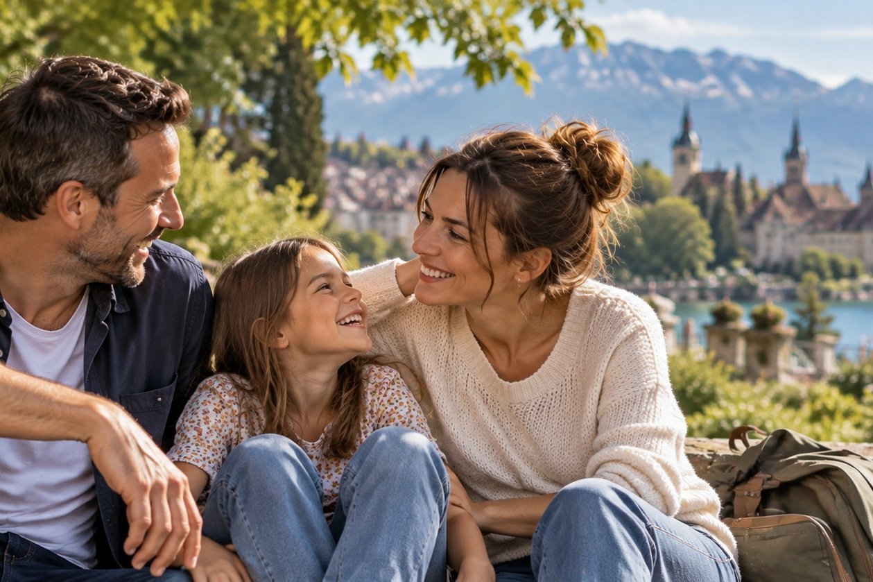Un couple et une enfant partagent un moment de complicité au bord d'un lac en Suisse, dans un cadre propice à une nouvelle vie de famille.
