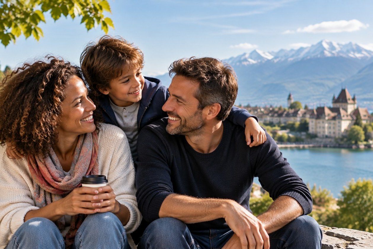 Un couple et un enfant partagent un moment de complicité au bord d'un lac en Suisse, avec les Alpes en arrière-plan.