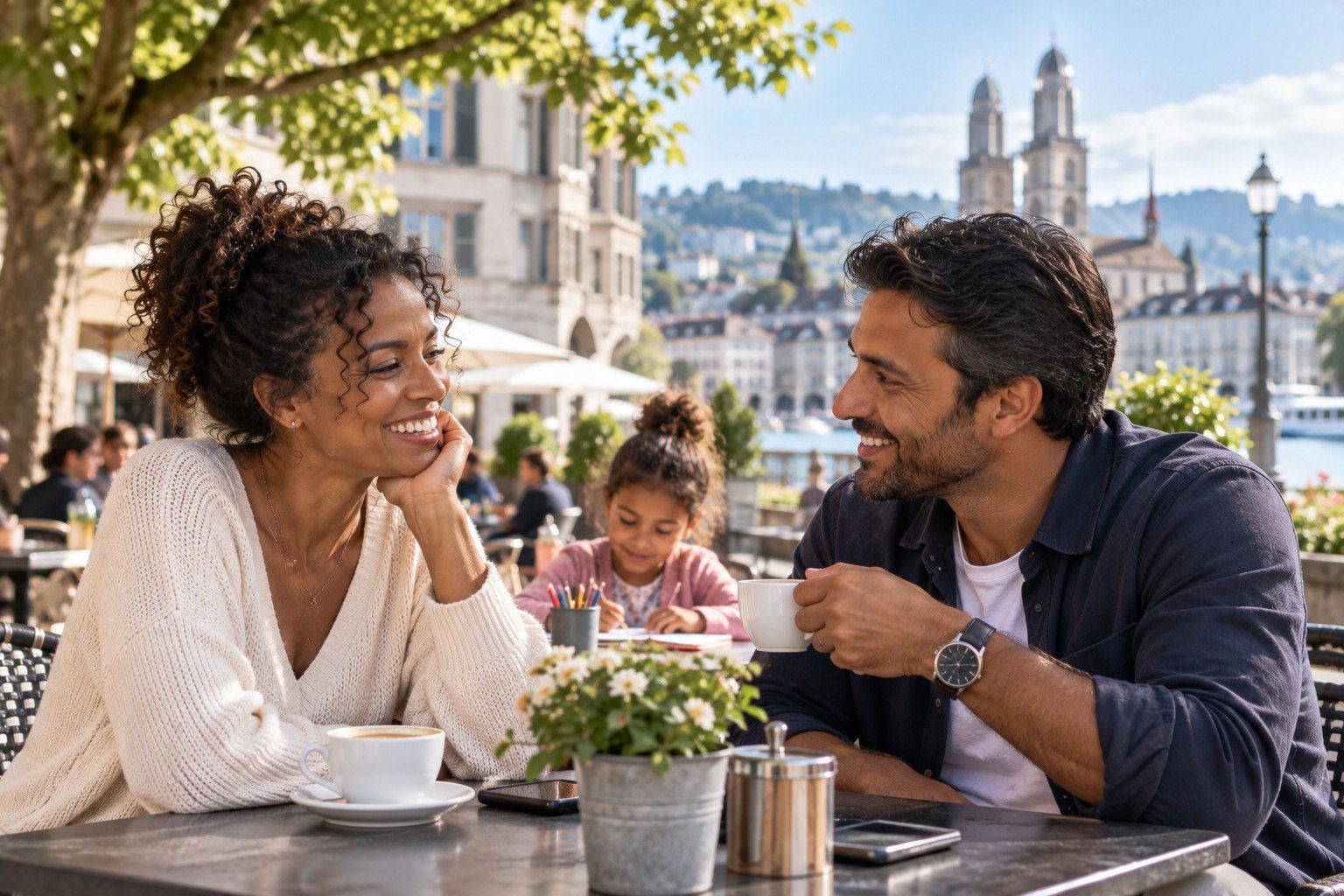 A man and a woman getting to know each other at a café terrace in Zurich while a child draws nearby.