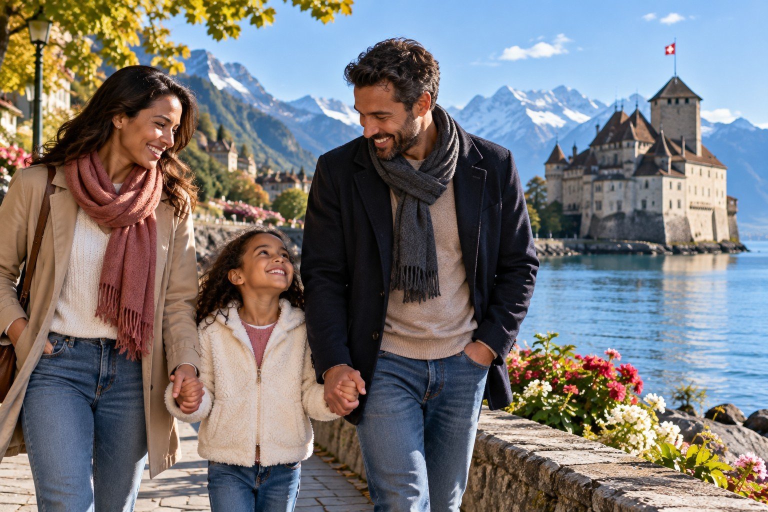 A couple and a child enjoying a walk beside Lake Geneva near Chillon Castle in Montreux, with the Swiss Alps in the background.