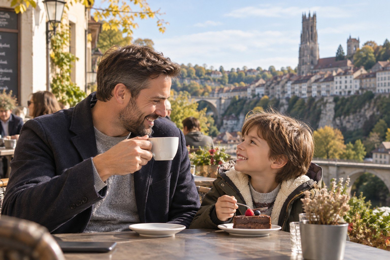 Ein Vater geniesst mit seinem Sohn einen gemeinsamen Moment auf einer Caféterrasse in Freiburg, mit Blick auf die historische Altstadt.
