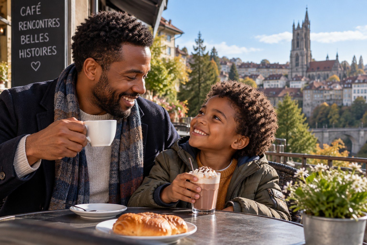 A single father enjoying coffee with his son at an outdoor café in Fribourg, Switzerland, with the historic old town in the background.