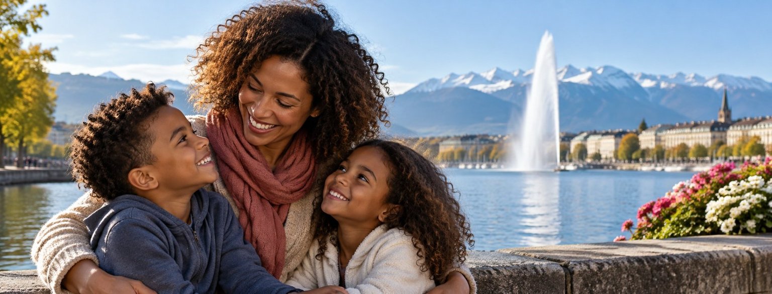 A single mum shares a special moment with her two children on the shores of Lake Léman in Genève, with the Jet d'eau and the Alpes in the background.